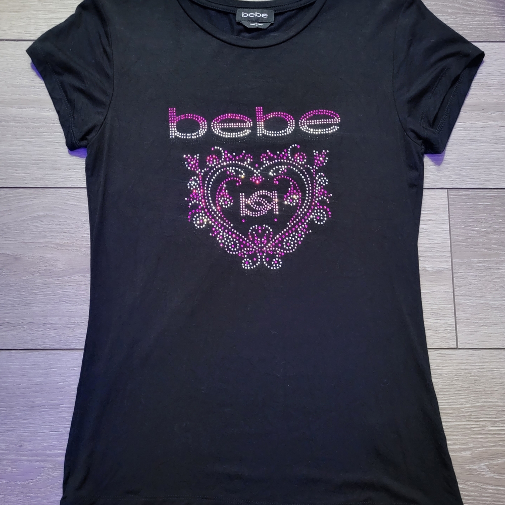 Bebe Black Short Sleeve Tee with Rhinestones, Size Medium